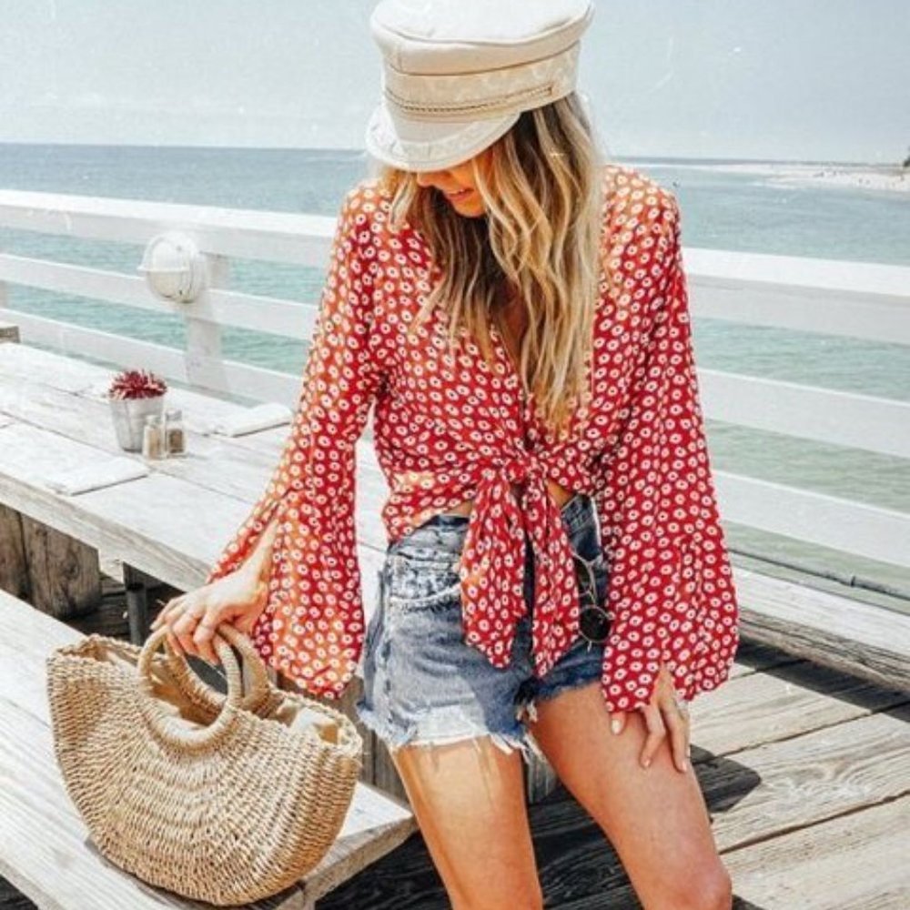 Teguise Red Floral Front Tie-Front Top